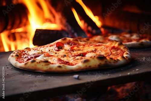 Close-up of Freshly Baked Pizza in Traditional Wood-Fired Oven. Generative AI