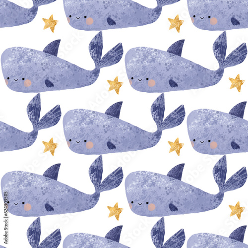 nautical seamless pattern with underwater life. Fishes and other animals. Under sea, deep water. Childish simple design
