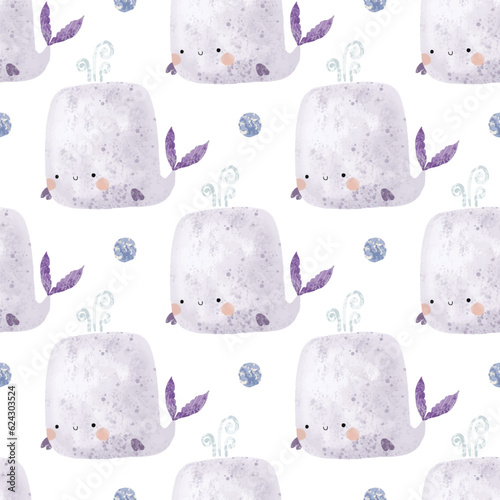 nautical seamless pattern with underwater life. Fishes and other animals. Under sea, deep water. Childish simple design