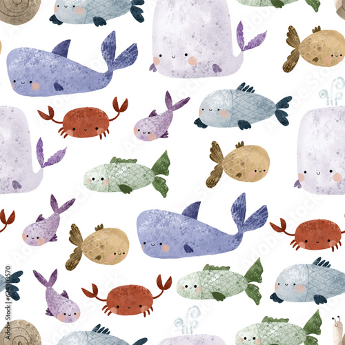 nautical seamless pattern with underwater life. Fishes and other animals. Under sea, deep water. Childish simple design