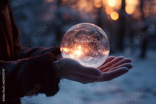 Snow magic ball. The magic of winter holidays. Magical crystal ball on the palms. Generative AI.