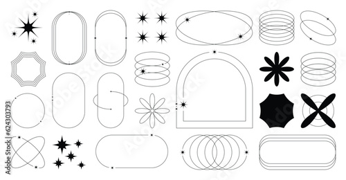 Set of geometric shapes in trendy 90s style. Black trendy design with frame, sparkles, flower, lines. Y2k aesthetic element illustrated for banners, social media, poster design, sticker.