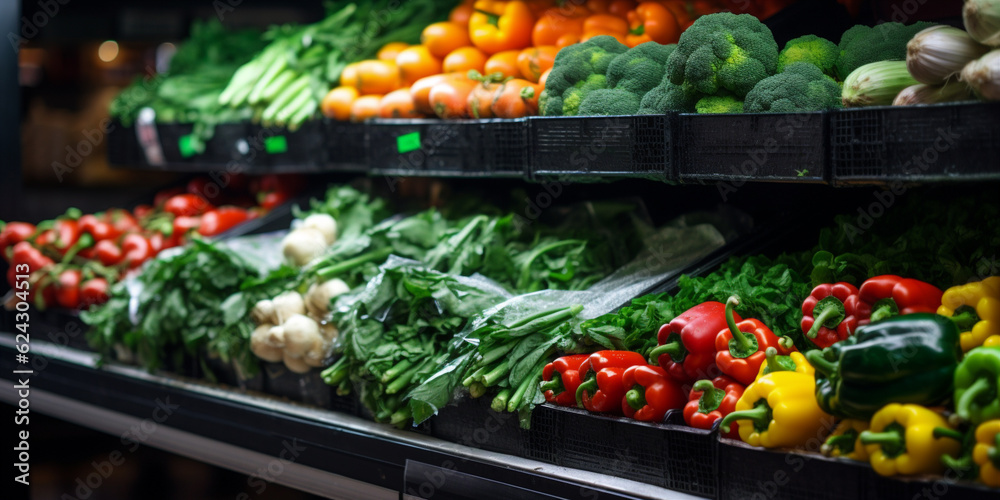 Fresh vegetables on a store shelf. Generative AI