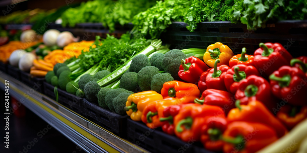 Fresh vegetables on a store shelf. Generative AI