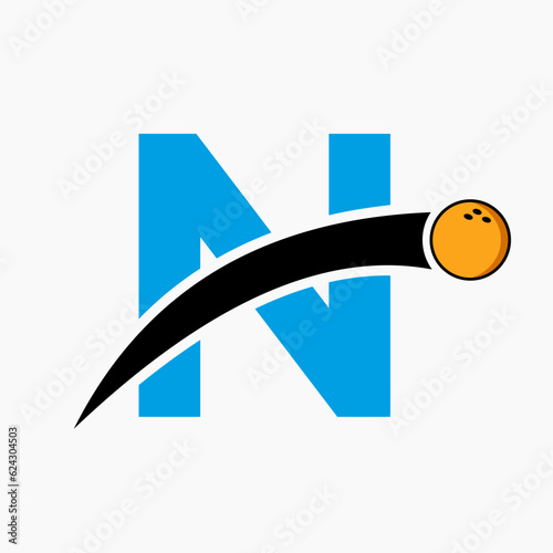 Letter N Bowling Logo. Bowling Ball Symbol With Moving Ball Icon