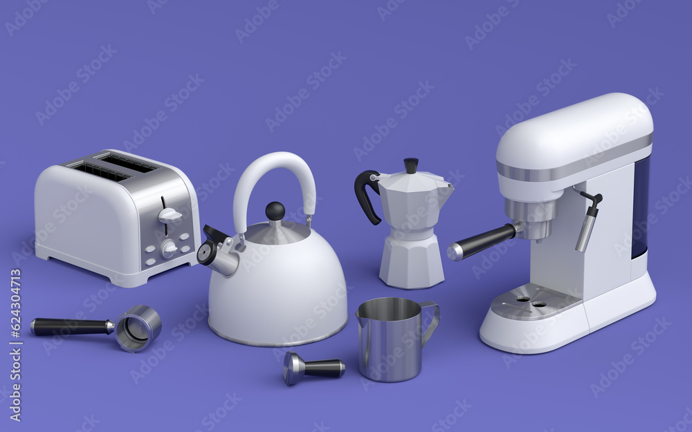 Kitchen appliances and utensils for making breakfast on violet background Kitchen appliances and utensils for making breakfast on violet background