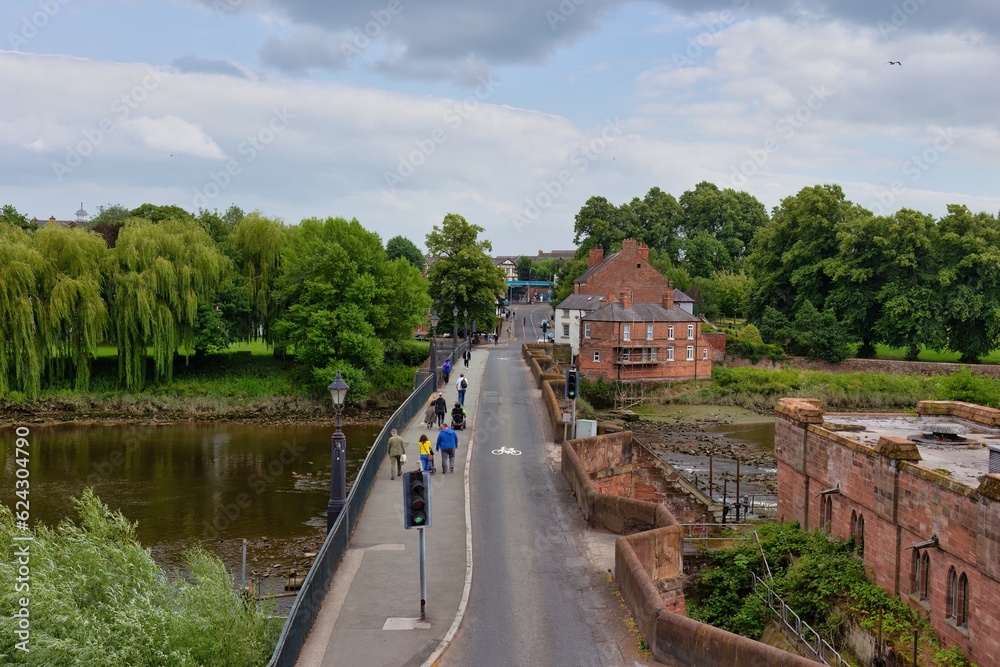 Fototapeta premium view of the old medieval bridge from the city walls of Chester