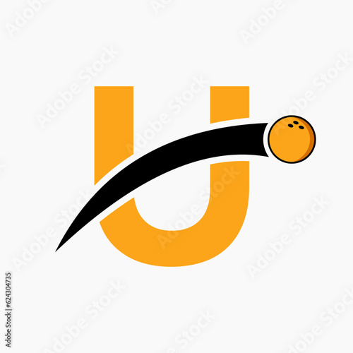 Letter U Bowling Logo. Bowling Ball Symbol With Moving Ball Icon