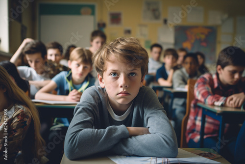portrait of a child student in the classroom at the desk.  