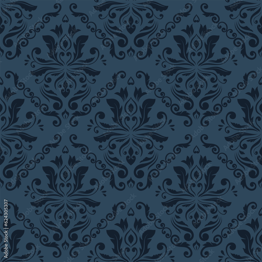 Classic damask wallpaper. Elegant blue damask seamless pattern background