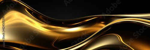 Abstract wavy liquid background with golden metal wave on black  background
