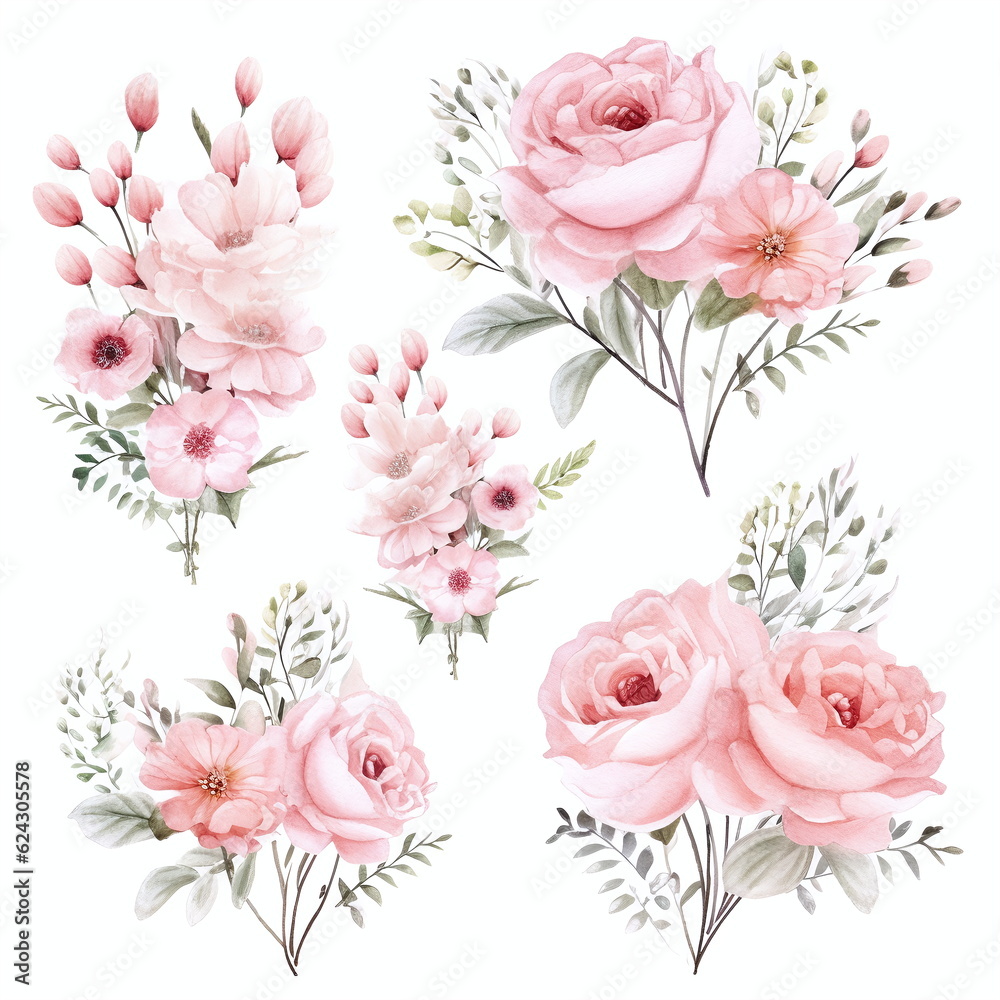 Blumen zum Dekorieren einer Hochzeitskarte, Pfingstrosen, hellrosa Aquarell Stil, einzelne Gestecke 7, AI generiert