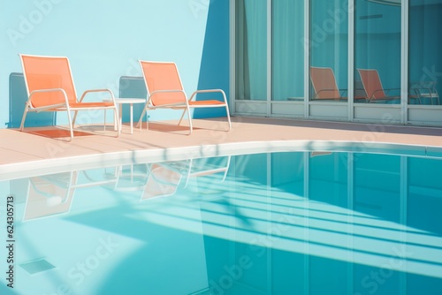 Swimming pool under the sunshine. Beach chairs. 