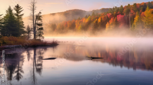 Autumn forest reflected in water.  Fog and sunrays © tashechka