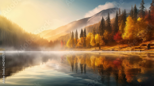 Autumn forest reflected in water. Fog and sunrays