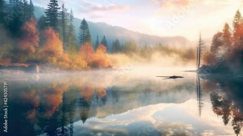 Autumn forest reflected in water. Fog and sunrays