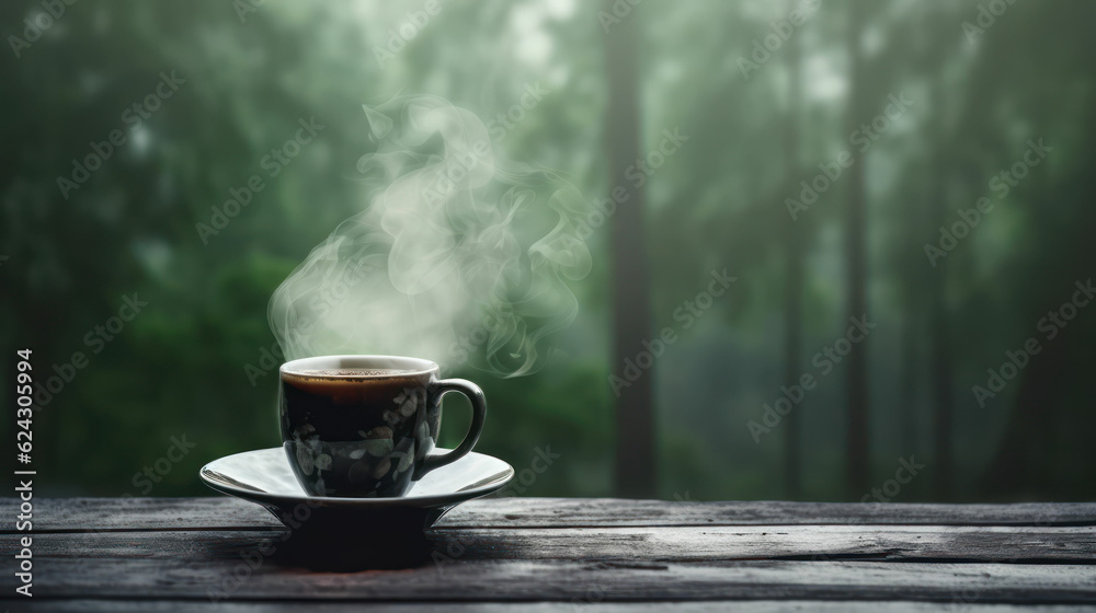 Hot coffee on a wooden table against the backdrop of a rainy forest Hot coffee on a wooden table against the backdrop of a rainy forest