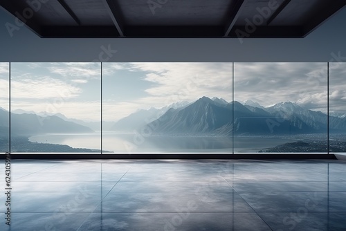 Cinematic still  minimalist room with a sky  floor to ceiling windows showing the mountain outside