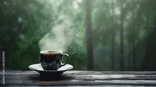 Hot coffee on a wooden table against the backdrop of a rainy forest