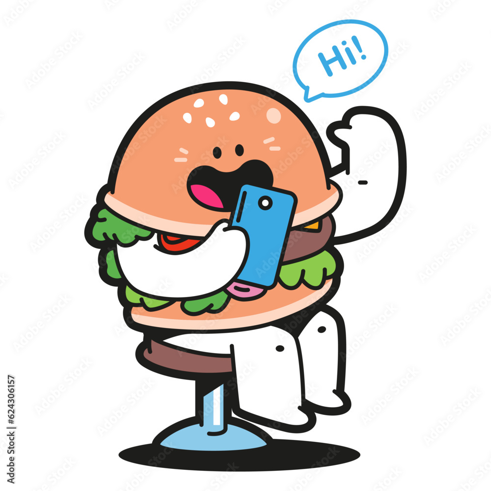 Cute burger with smartphone vector cartoon character isolated on a white background. Cute burger with smartphone vector cartoon character isolated on a white background.