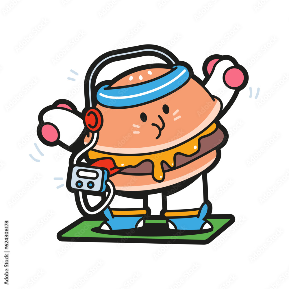 Cute burger doing fitness exercise vector cartoon character isolated on a white background.