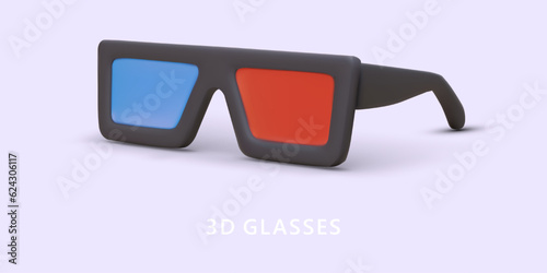 3D glasses. Anaglyphs, modern stereoscopic device for watching movies. Red and blue lenses. Surround video symbol. Improved movie format. Vector illustration on purple background