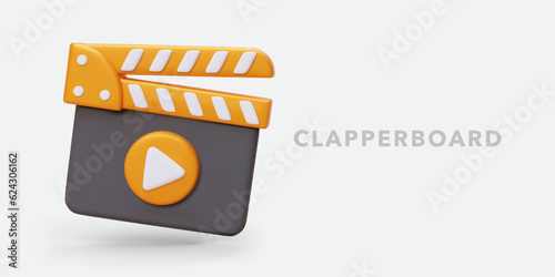 3D clapperboard for shooting movie. Classic signal equipment for synchronizing sound and image. Video recording symbol. Concept for studio, operator services advertising
