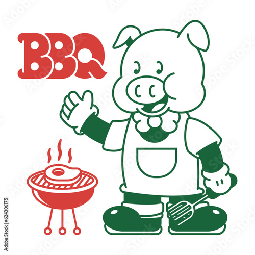 Barbeque mascot with pig character cooking on grill vector cartoon illustration.
