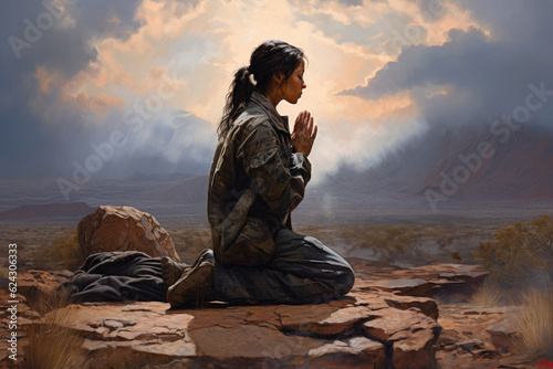 Fotografia, Obraz Woman soldier praying in the desert with mountains and clouds in the background