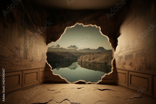 Wall hole landscape illusion. Generate Ai