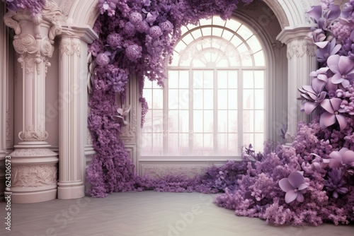 Castle room purple curtain big window. Generate Ai