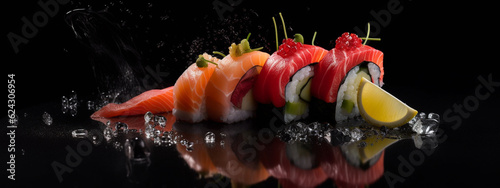 sushi on a dark background. Generative AI