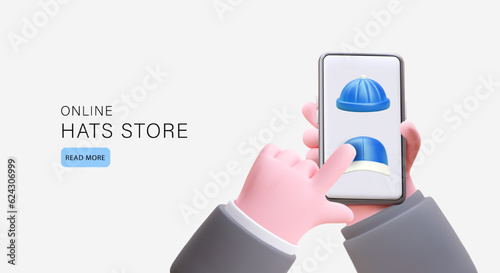 Online headwear store. Realistic hand clicks on product on smartphone screen. Hats in modern style. Advertising for social networks. Go button template. Read more