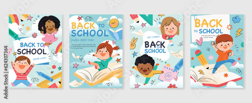 Back to school vector banners. Background design with children and education accessories element. Kids hand drawn flat design for poster , wallpaper, website and cover template. photo