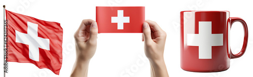 Switzerland flag set. Switzerland symbols design elements. Mug with the flag of Switzerland. Hands holding the flag of Switzerland. Isolated on a transparent background. KI.	 photo