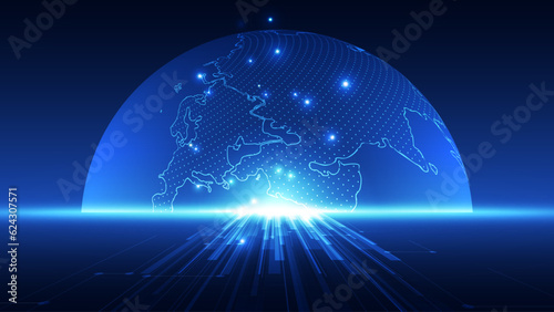 Abstract technology background with world map and light rays. Vector illustration.