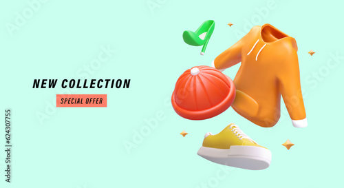 Advertising banner of clothing store. New collection, special offer. 3D illustration in cartoon style. Clothes, shoes, hats for men and women. Concept for web design