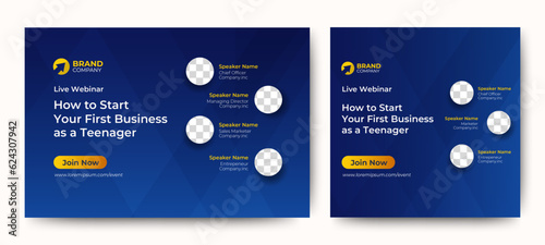 Online Business Conference live webinar banner invitation and social media post template. Abstract Black background cover. Business webinar invitation design.