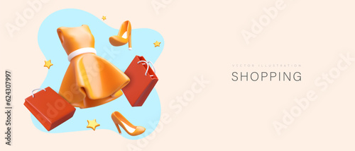 Advertising online store, boutique, showroom. Shopping via Internet. 3D color vector illustration. Dress, women shoes, bags. Shopping time. Flyer, booklet, banner template with text
