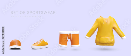 Collection of clothes in sports style. Modern everyday look, sportswear. Realistic yellow baseball cap, sneakers, shorts, hoodie with ties and belly pocket. Unisex fashion, outfit