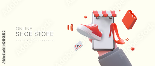 Shopping online with smartphone. Modern phone application for remote selection and payment. Banner with 3D color illustration. Floating shoes, sneakers, credit card, paper bag