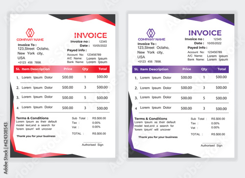 Business Minimal Corporate Invoice design template vector illustration bill form price . Creative template and stationery design payment agreement design template Cash Memo, Vector Quotation Design