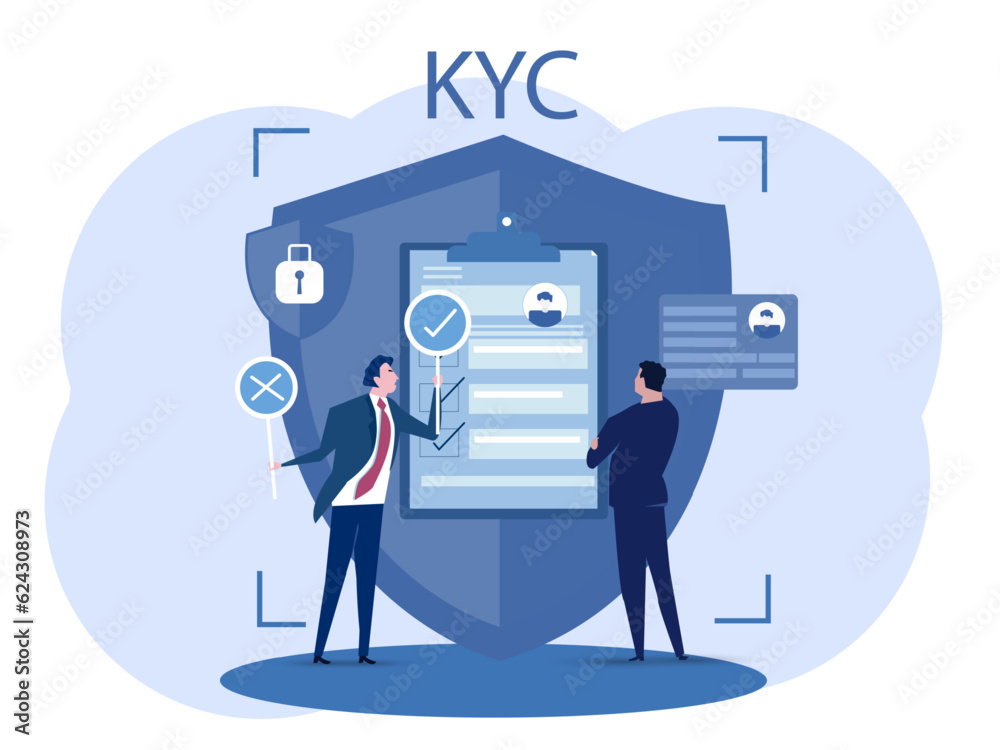 KYC or know your customer with business verifying the identity of its clients concept at the partners-to-be through a magnifying glass Idea of business identification and finance safety. KYC or know your customer with business verifying the identity of its clients concept at the partners-to-be through a magnifying glass Idea of business identification and finance safety.