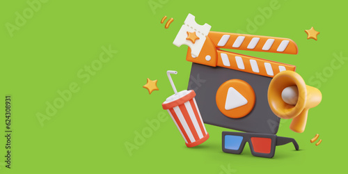 Cinema and movie time. Announcement about festival. Invitation to premiere. Horizontal concept on green background with realistic illustration. Advertising template in cartoon style