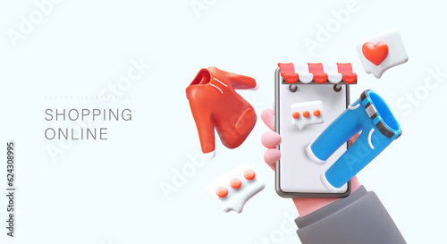 Shopping online. Realistic hand holding smartphone with internet store. Phone application with product rating. Comments, likes, reviews. Poster with 3D colored objects and text