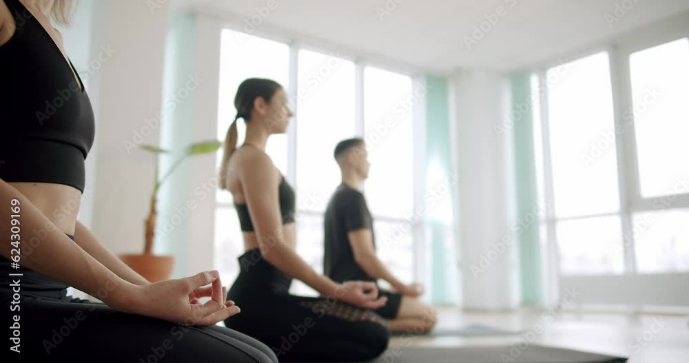 Enjoying healthy lifestyle exercise in fitness studio, lotus pose work out, yoga class meditating together indoors, concentration exercise. relaxing after group exercises in class room. Yoga Club Enjoying healthy lifestyle exercise in fitness studio, lotus pose work out, yoga class meditating together indoors, concentration exercise. relaxing after group exercises in class room. Yoga Club