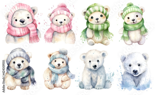 cute set of polar bear watercolor Sticker on isolated background  generated ai