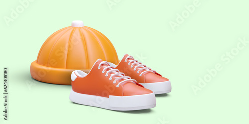 3D round hat and sneakers. Hats and shoes. Concept for website, clothing store. Vector advertisement of consultant, stylist services. Hip hop street style
