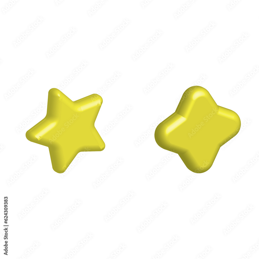Set of yellow stars different shapes. Five stars glossy colors. Realistic 3d design cartoon style. vector illustration Set of yellow stars different shapes. Five stars glossy colors. Realistic 3d design cartoon style. vector illustration