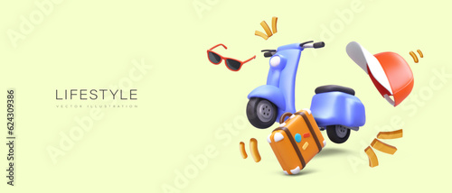 Electric scooter trip. 3D moped, suitcase with stickers, cap, sunglasses. Modern tourism with minimum of things. Active lifestyle. Concept for vehicle rental. Eco transport